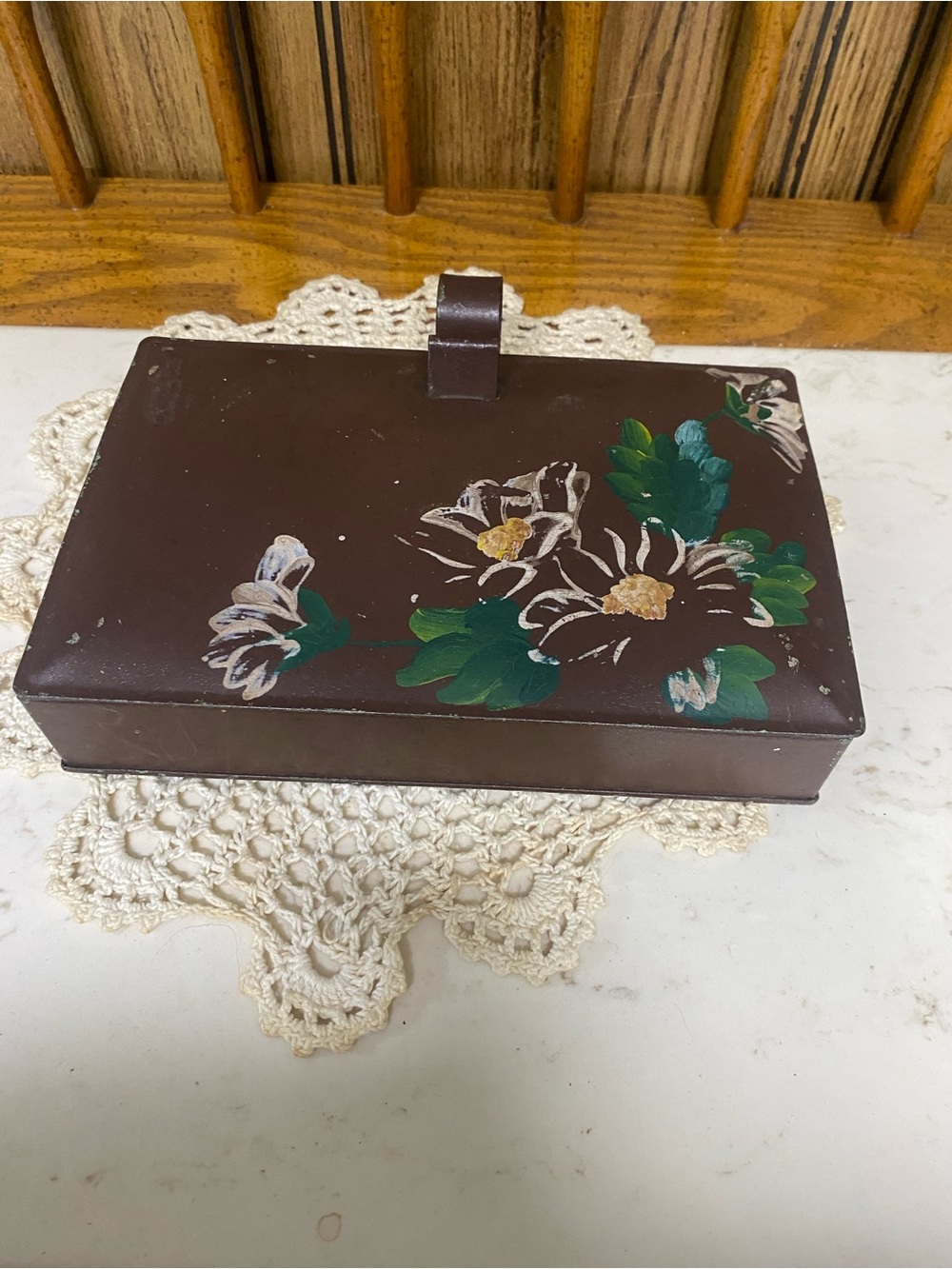 Hand-Painted Floral Antique Metal Crumb Catcher/Silent Butler